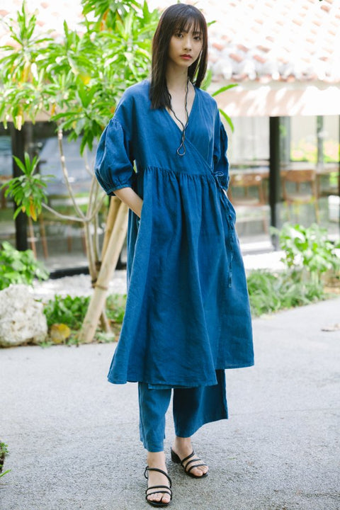 琉球藍 Puff sleeve onepiece