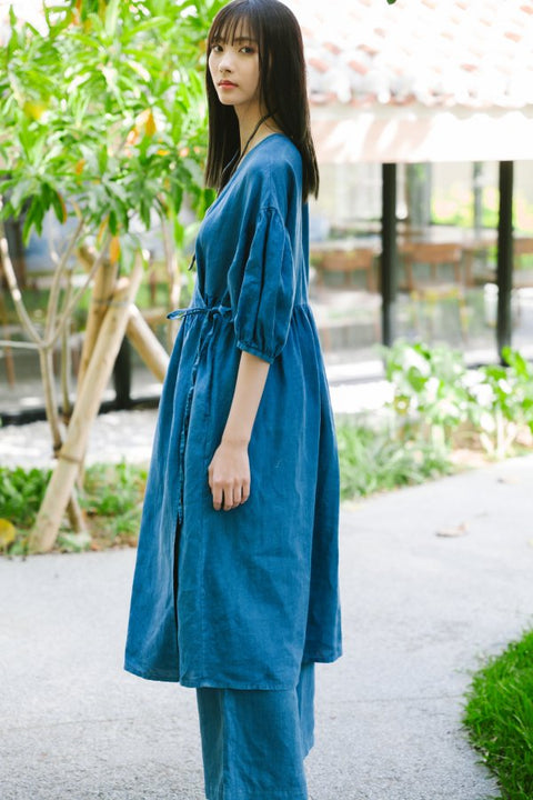 琉球藍 Puff sleeve onepiece