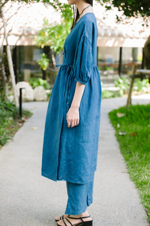 琉球藍 Puff sleeve onepiece