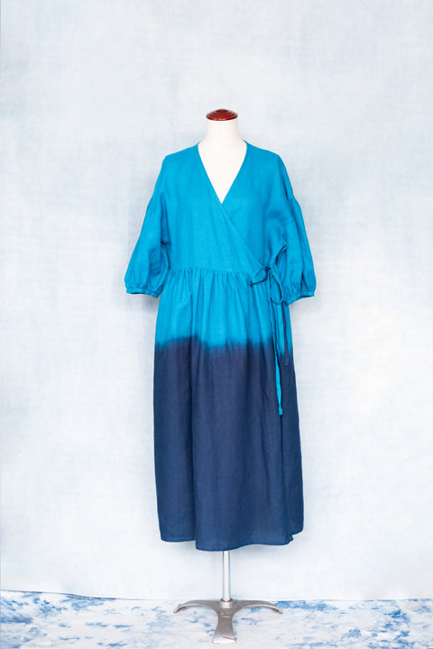 琉球藍 Puff sleeve onepiece (カラーリネン)