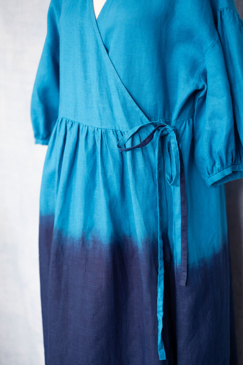 琉球藍 Puff sleeve onepiece (カラーリネン②)