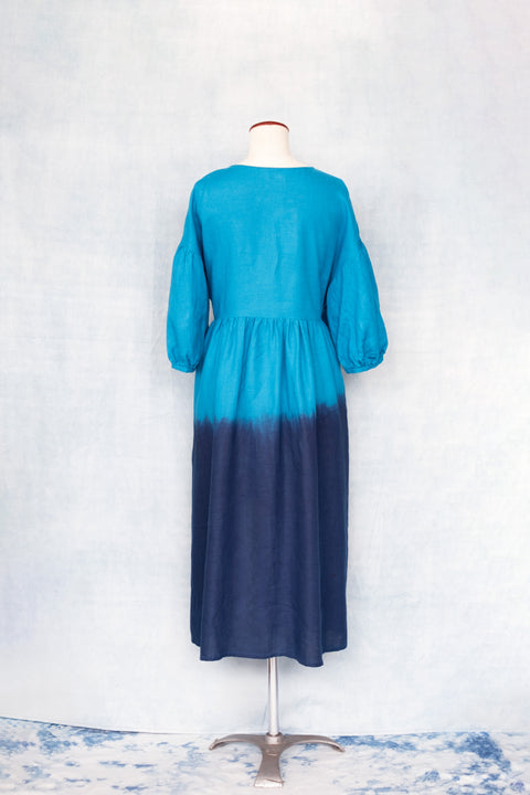 琉球藍 Puff sleeve onepiece (カラーリネン②)