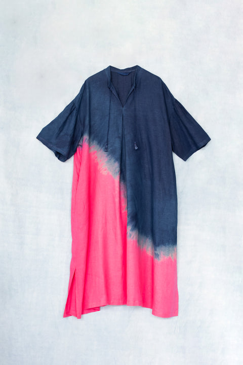 琉球藍 Stand collar onepiece (カラーリネン②)