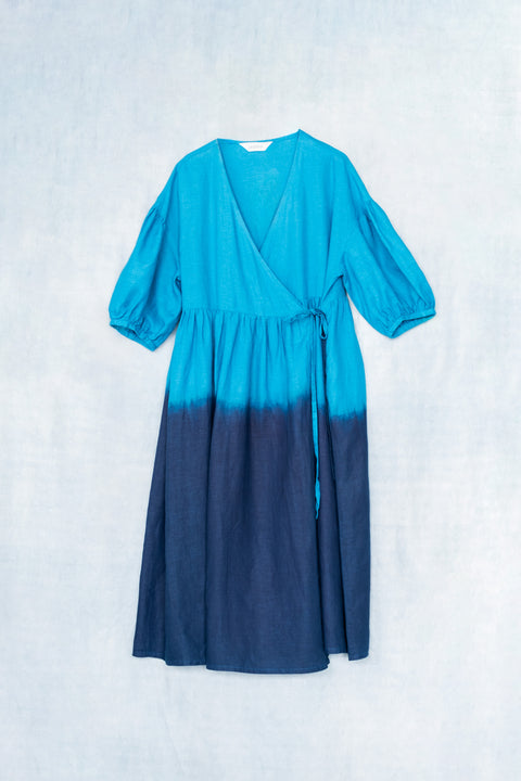 琉球藍 Puff sleeve onepiece (カラーリネン)