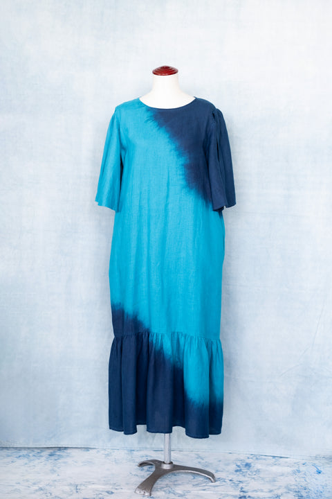 琉球藍 Gather hem sleeve onepiece (カラーリネン)