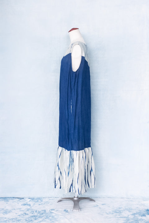 琉球藍Gather hem onepiece /単色×さざなみ