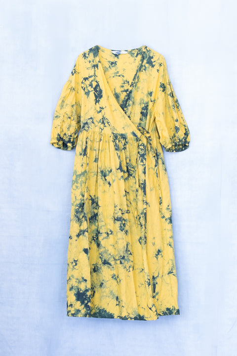 琉球藍 Puff sleeve onepiece (カラーリネン×TYE-DYE)