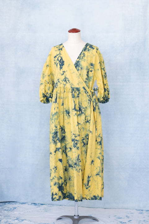 琉球藍 Puff sleeve onepiece (カラーリネン×TYE-DYE)