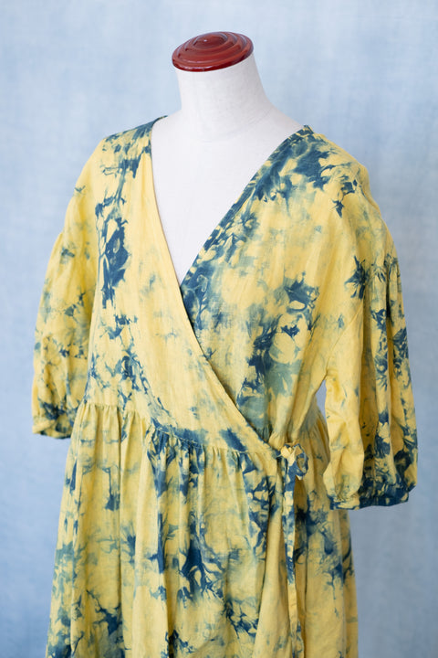 琉球藍 Puff sleeve onepiece (カラーリネン×TYE-DYE)