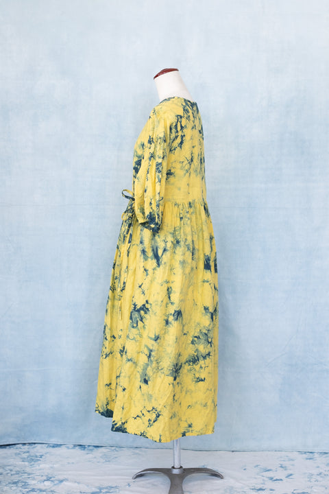 琉球藍 Puff sleeve onepiece (カラーリネン×TYE-DYE)