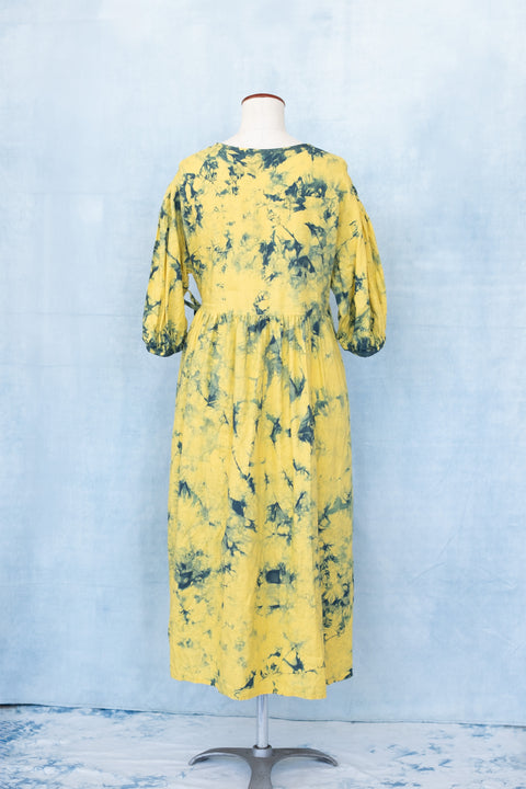 琉球藍 Puff sleeve onepiece (カラーリネン×TYE-DYE)