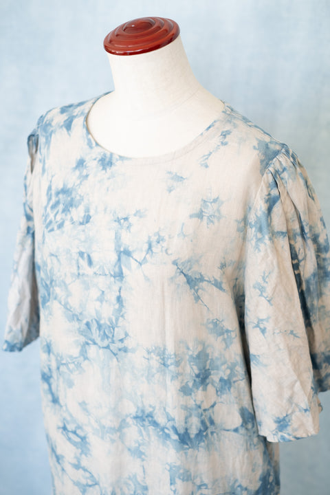琉球藍 Gather hem sleeve onepiece (カラーリネン×TYE-DYE)