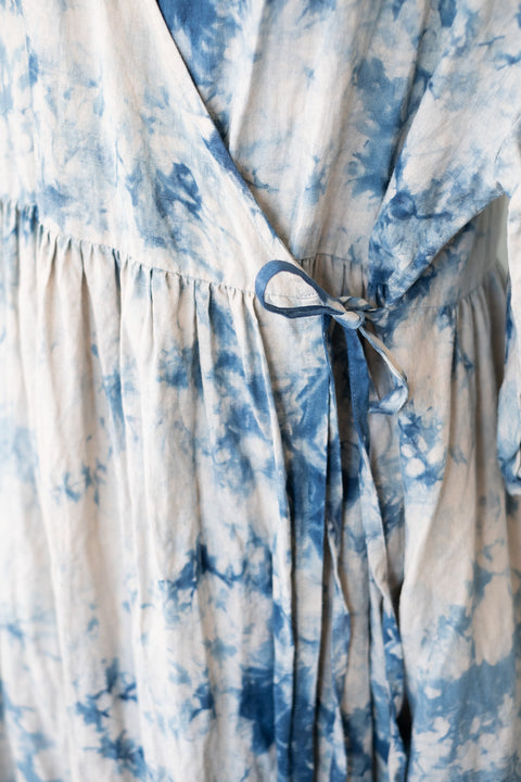 琉球藍 Puff sleeve onepiece (カラーリネン×TYE-DYE)