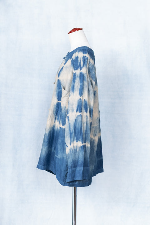 琉球藍 CHINA BUTTON SLEEPING SHIRT (カラーリネン×絞り染)