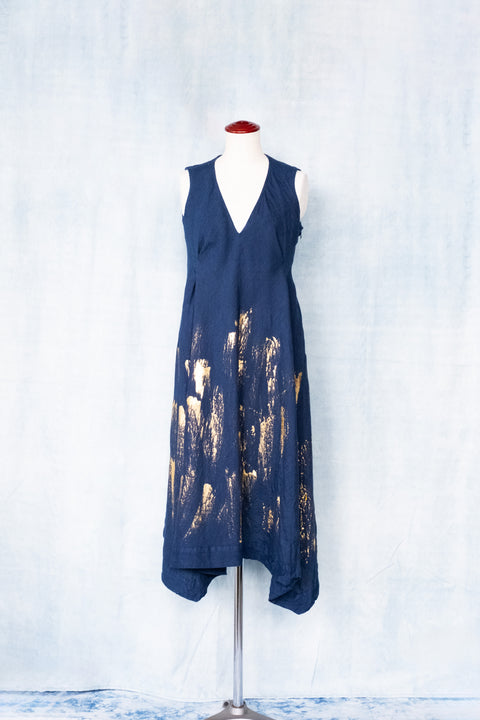 琉球藍 V-neck One-piece (金箔風)