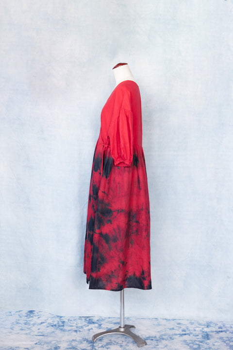 琉球藍 Puff sleeve onepiece (カラーリネン)