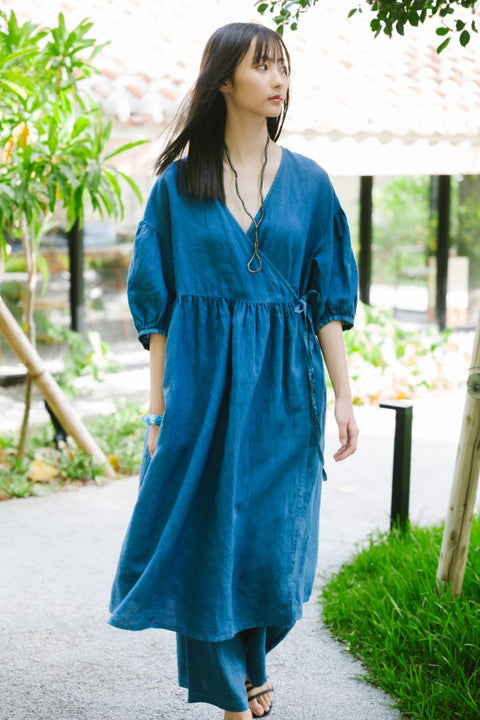 琉球藍 Puff sleeve onepiece