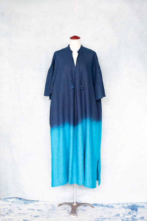 琉球藍 Stand collar onepiece (カラーリネン)