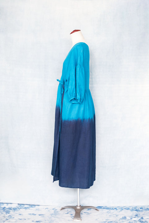 琉球藍 Puff sleeve onepiece (カラーリネン②)