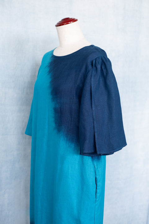 琉球藍 Gather hem sleeve onepiece (カラーリネン)