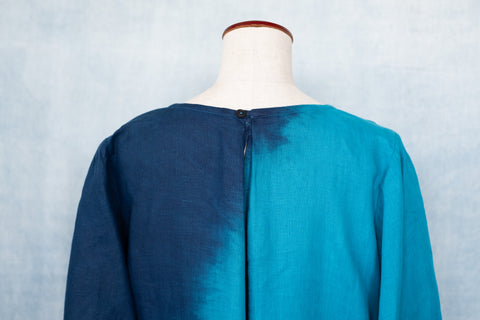 琉球藍 Gather hem sleeve onepiece (カラーリネン)