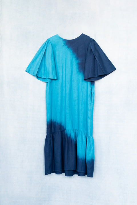 琉球藍 Gather hem sleeve onepiece (カラーリネン)