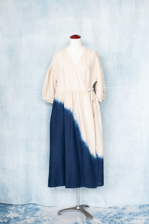 琉球藍 Puff sleeve onepiece (カラーリネン×BICOLOR)