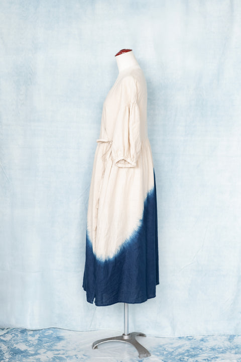 琉球藍 Puff sleeve onepiece (カラーリネン×BICOLOR)