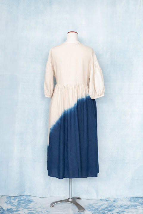 琉球藍 Puff sleeve onepiece (カラーリネン×BICOLOR)