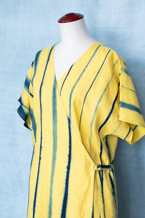 琉球藍 Kimono onepiece (カラーリネン×STRIPE)