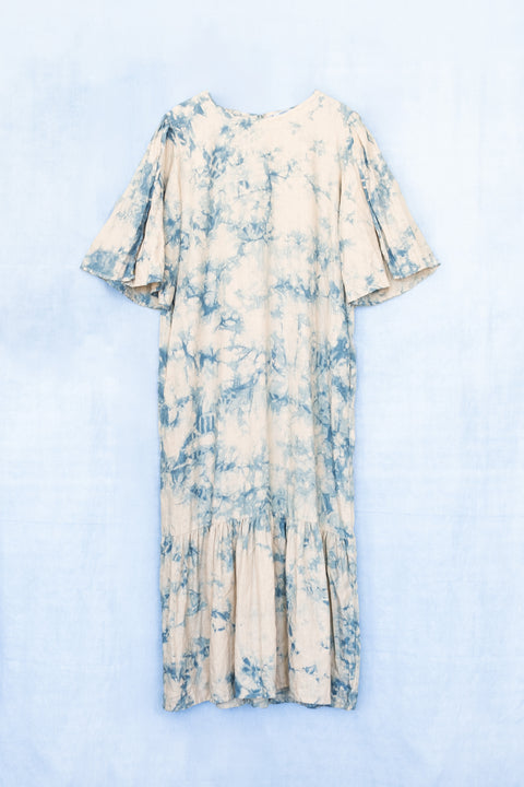 琉球藍 Gather hem sleeve onepiece (カラーリネン×TYE-DYE)