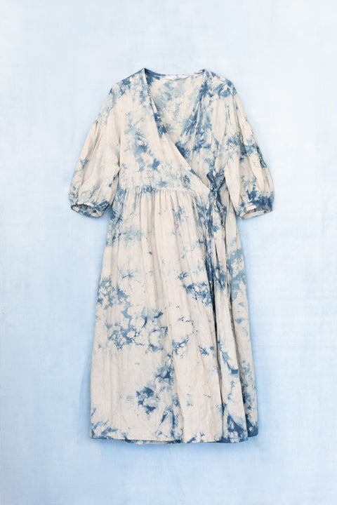 琉球藍 Puff sleeve onepiece (カラーリネン×TYE-DYE)