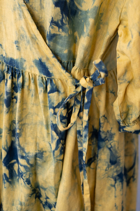 琉球藍 Puff sleeve onepiece (カラーリネン×TYE-DYE)