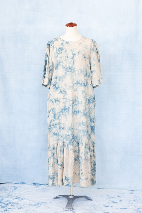 琉球藍 Gather hem sleeve onepiece (カラーリネン×TYE-DYE)