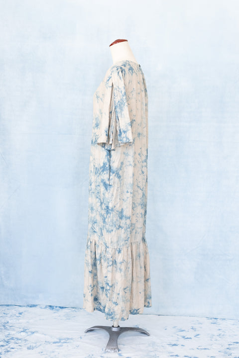琉球藍 Gather hem sleeve onepiece (カラーリネン×TYE-DYE)