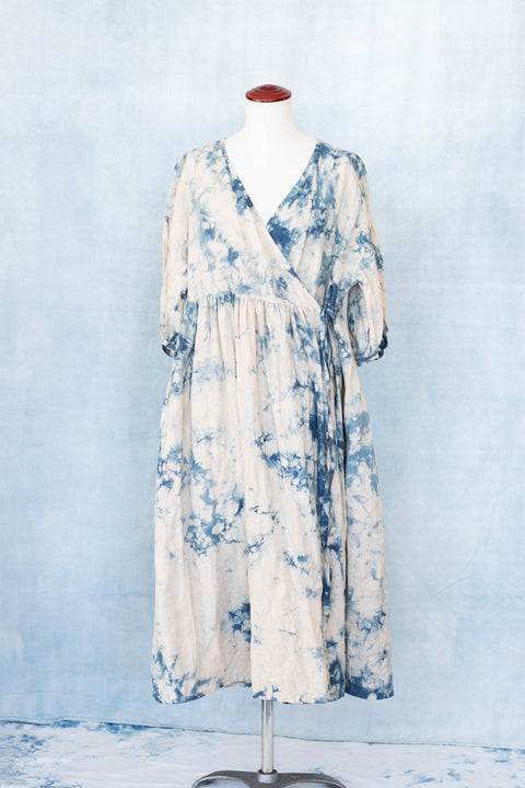 琉球藍 Puff sleeve onepiece (カラーリネン×TYE-DYE)