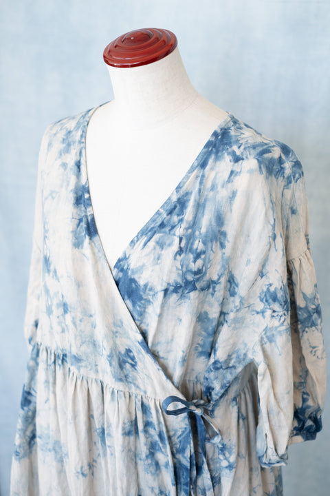琉球藍 Puff sleeve onepiece (カラーリネン×TYE-DYE)