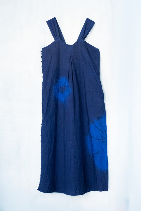 琉球藍 Side button onepiece (カラーリネン×丸絞り)