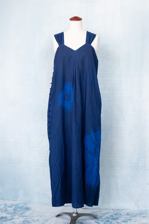琉球藍 Side button onepiece (カラーリネン×丸絞り)