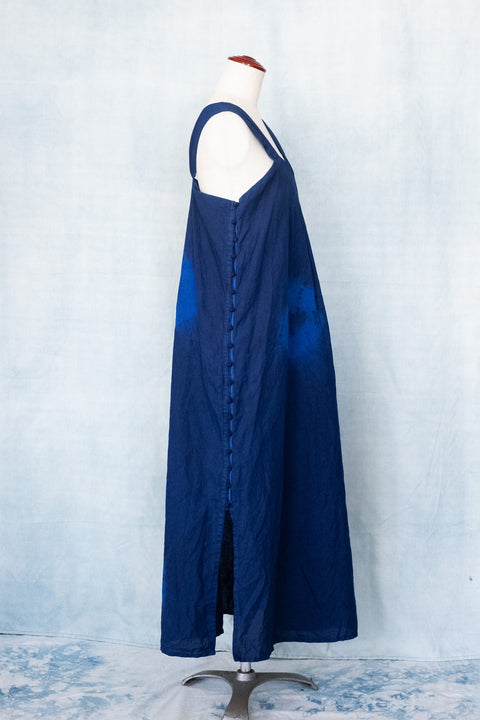 琉球藍 Side button onepiece (カラーリネン×丸絞り)