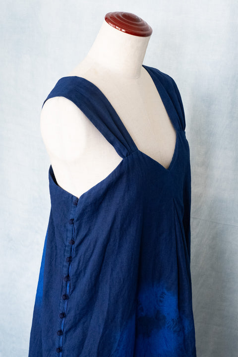琉球藍 Side button onepiece (カラーリネン×丸絞り)
