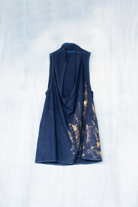 琉球藍 Big tuck onepiece (リネン金箔風)