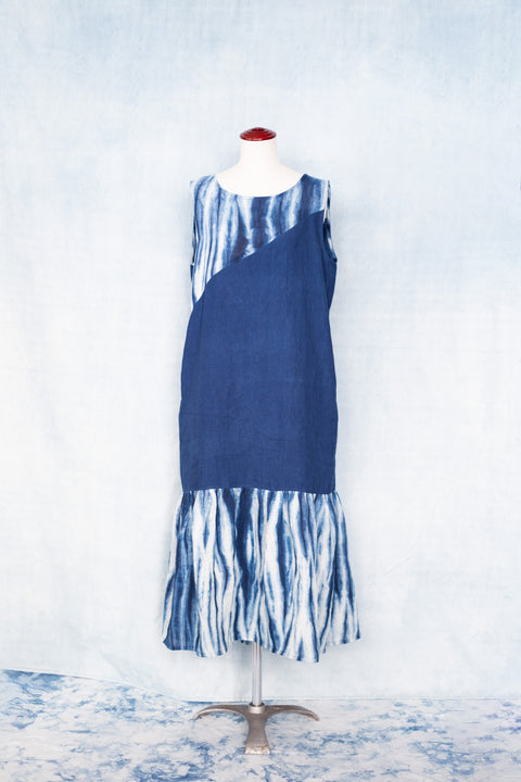 琉球藍 Gather hem onepiece (無地×さざ波)