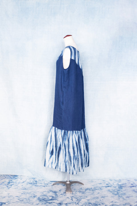 琉球藍 Gather hem onepiece (無地×さざ波)