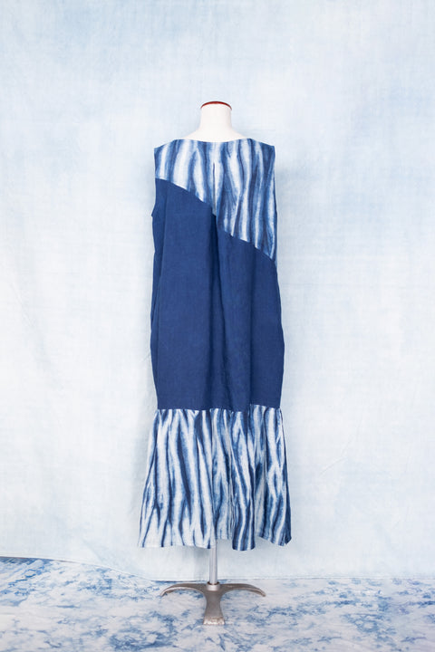 琉球藍 Gather hem onepiece (無地×さざ波)