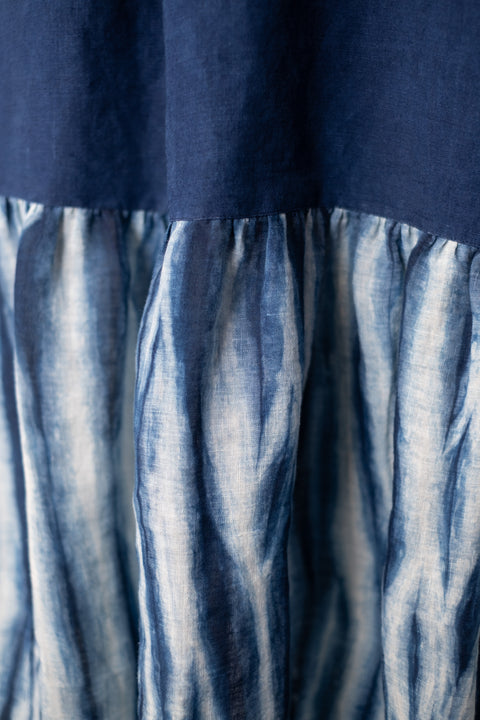 琉球藍 Gather hem onepiece (無地×さざ波)