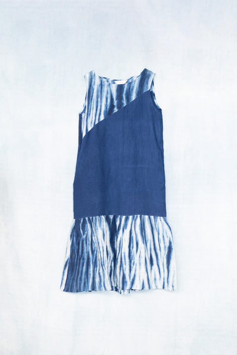 琉球藍 Gather hem onepiece (無地×さざ波)